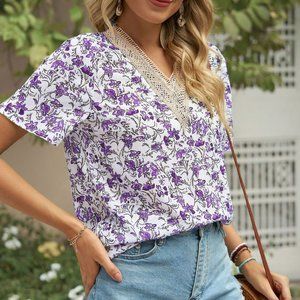 V-neck chiffon print loose short-sleeved tops